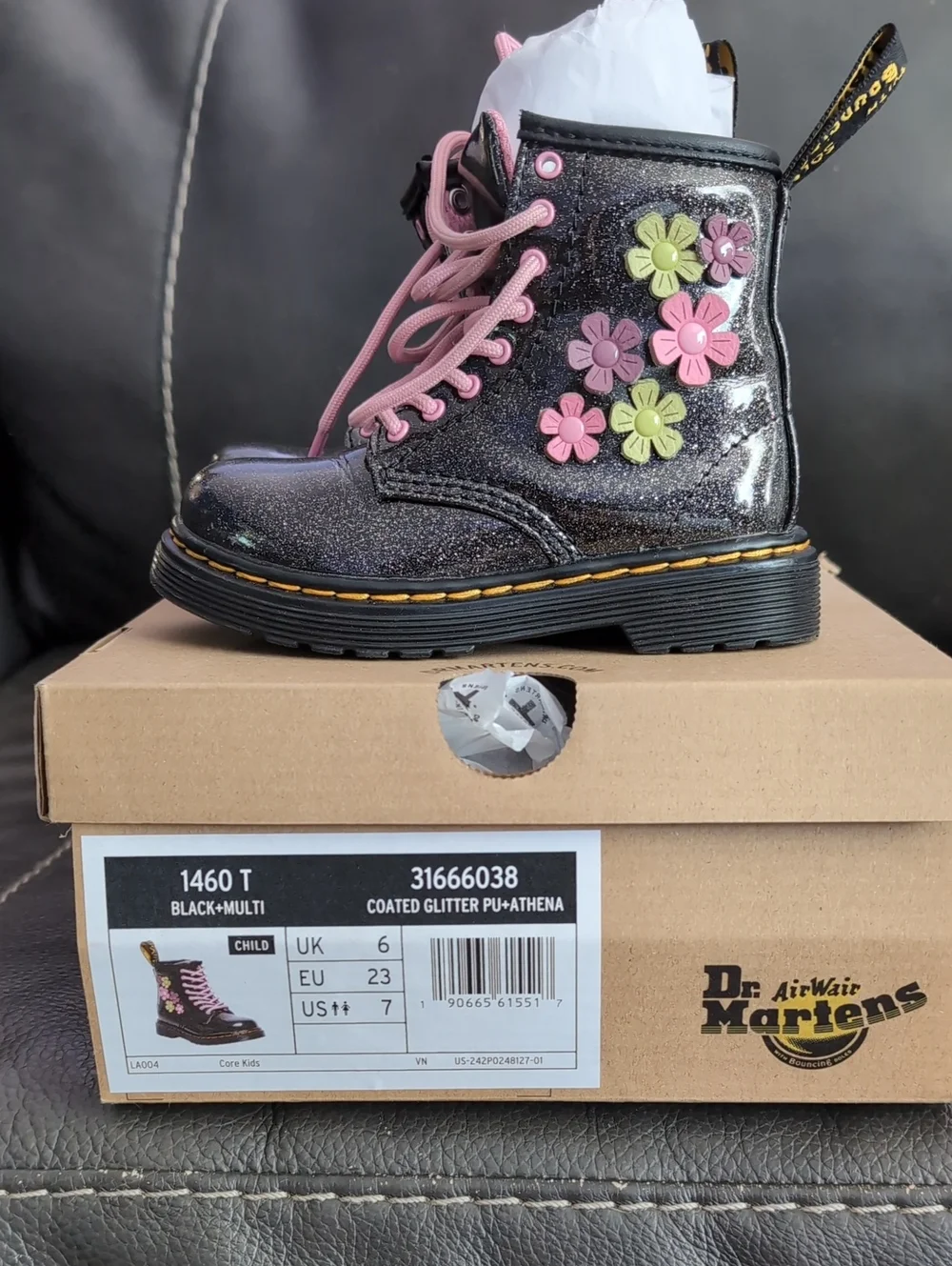 Dr. Martens Kids Black Glitter Lace-Up Boots with Pink Floral Accents